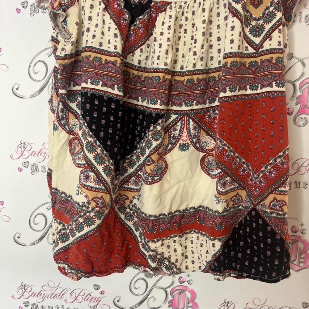 Mandee shirt tank top boho paisley ruffle sleeve Multicolor Patchwork Blouse - Picture 2 of 6